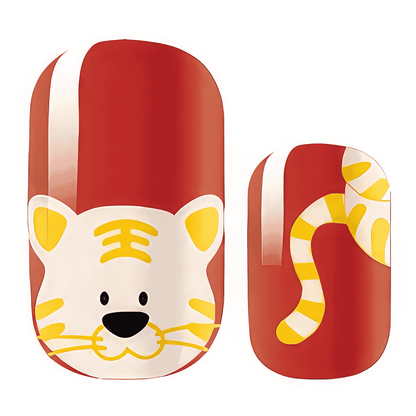 Red nail wraps with cute tiger face and striped tail design for playful at-home manicure