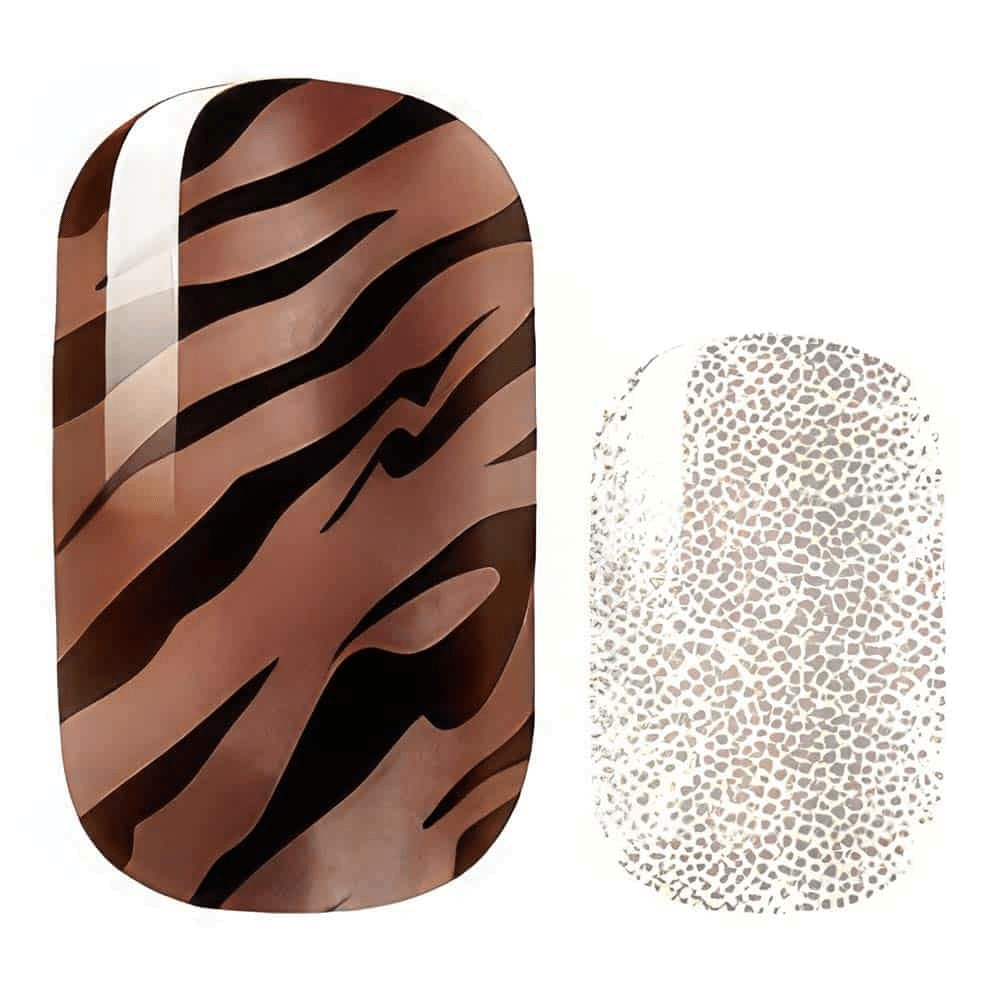 Brown tiger stripe and silver glitter nail wraps showing animal print nail art designs
