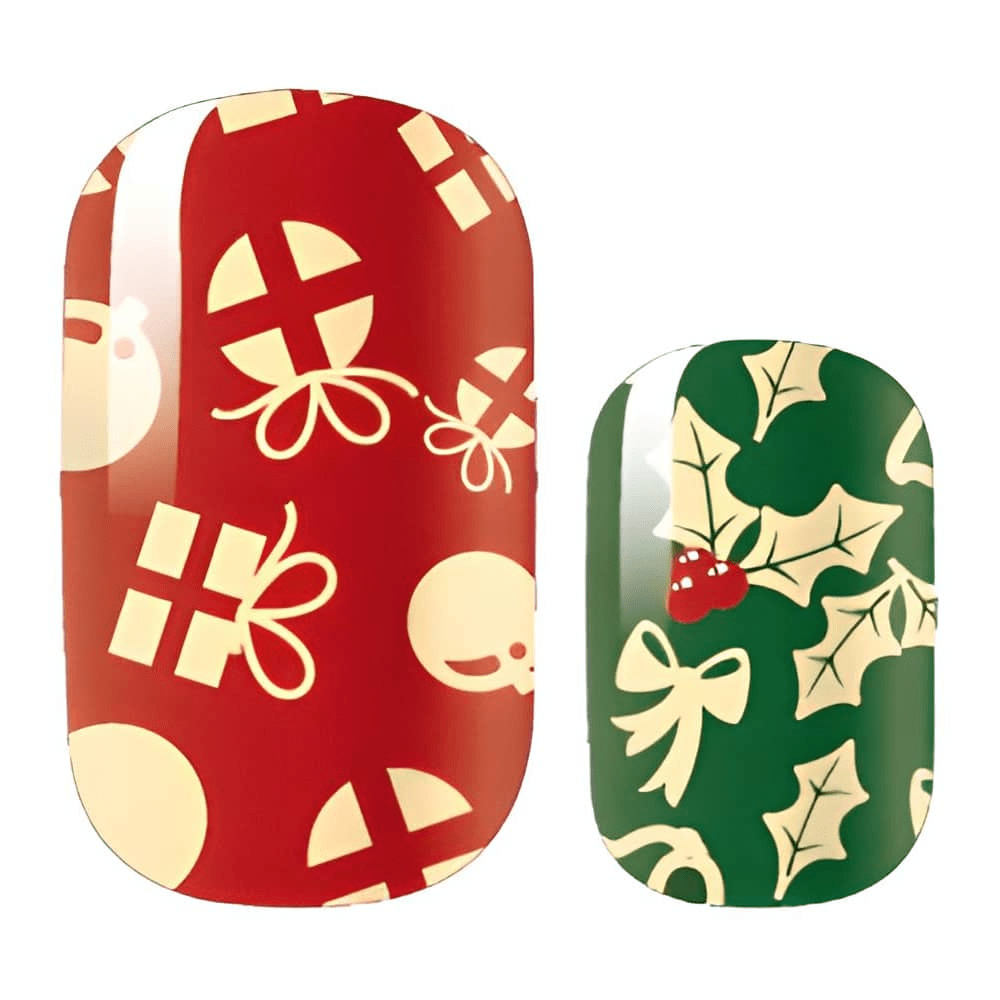 Red and green Christmas nail wraps with holly and gift patterns for festive manicure