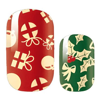 Red and green Christmas nail wraps with holly and gift patterns for festive manicure