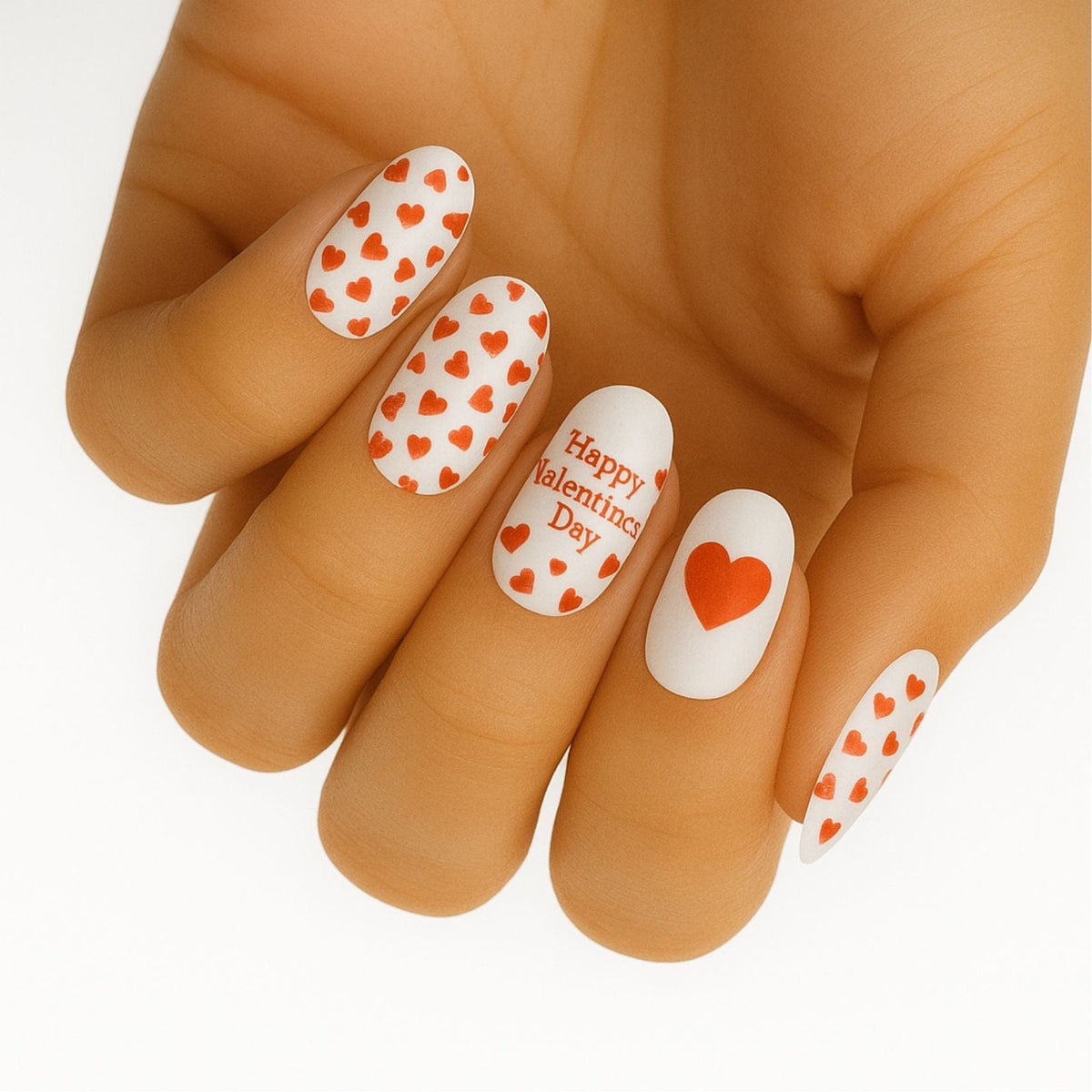 White nail wraps with red heart patterns and Valentine's Day message on hand