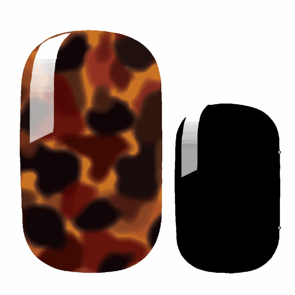 Tortoiseshell nail wraps showing brown amber and black glossy animal print pattern