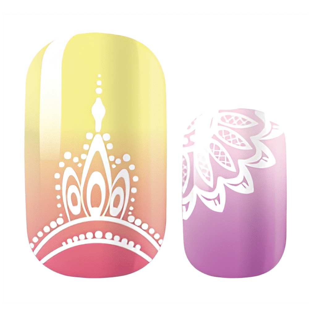 Tropical ombre nail wraps with white mandala patterns in yellow pink purple gradient
