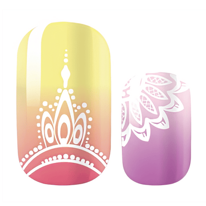Tropical ombre nail wraps with white mandala patterns in yellow pink purple gradient