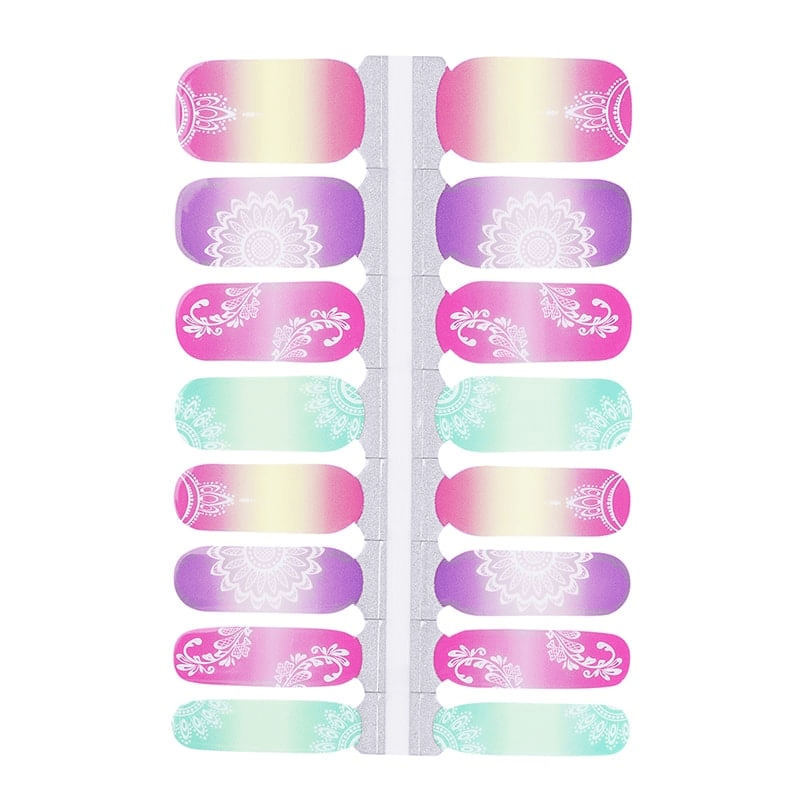 Mandala pattern nail wraps sheet showing pink purple mint green gradient bohemian designs
