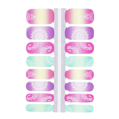 Mandala pattern nail wraps sheet showing pink purple mint green gradient bohemian designs