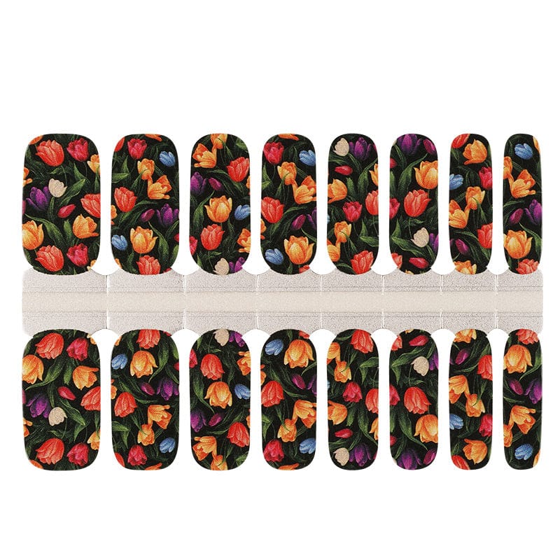 Sheet of vintage tulip nail wraps with orange purple flowers on black