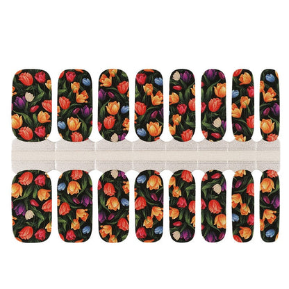Sheet of vintage tulip nail wraps with orange purple flowers on black