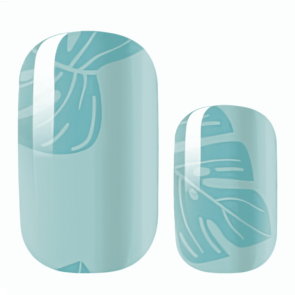 Turquoise nail wraps with subtle metallic leaf pattern for elegant manicure