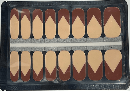 Brown and nude geometric nail wraps sheet showing chevron pattern designs for at-home manicure
