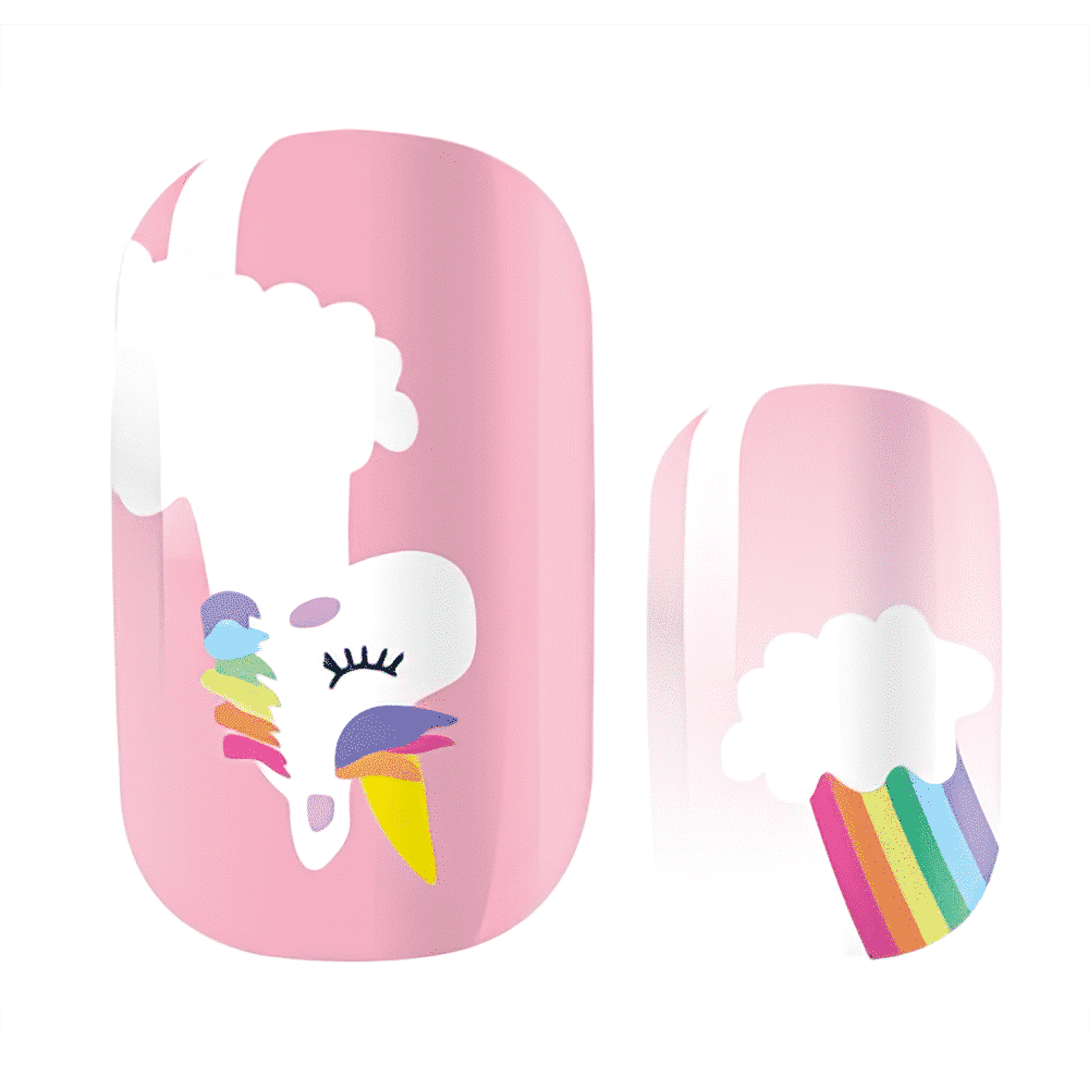 Pink nail wraps with white unicorns and colourful rainbows cartoon design close up
