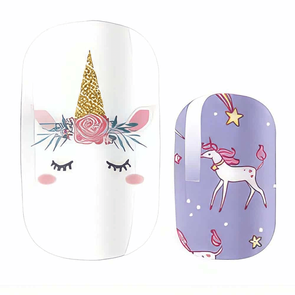 Kawaii unicorn nail wraps with purple and white fantasy cartoon patterns for at-home manicure