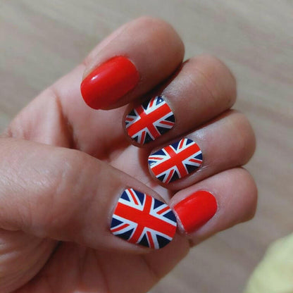 Red glossy nails with Union Jack nail wraps British flag patriotic nail design