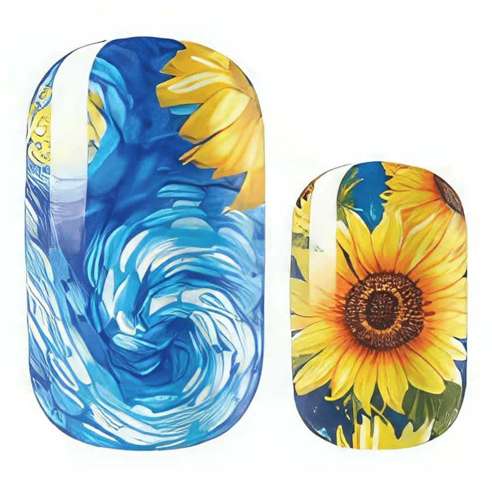 Blue and yellow sunflower nail wraps featuring Van Gogh artistic swirl design