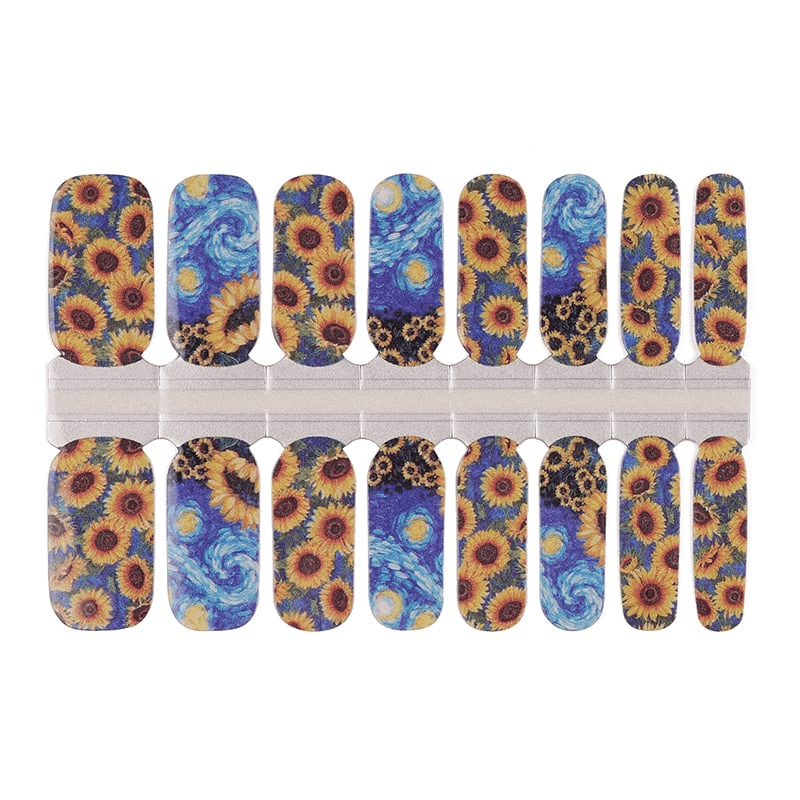 Van Gogh sunflower nail wraps with blue swirls and yellow floral art design