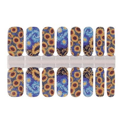 Van Gogh sunflower nail wraps with blue swirls and yellow floral art design