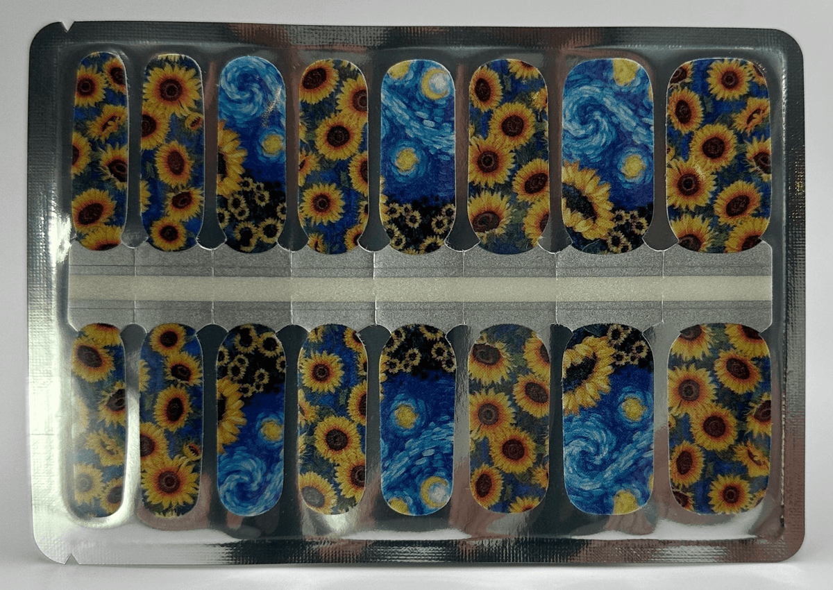 Artistic nail wraps featuring Van Gogh sunflower and starry night impressionist patterns