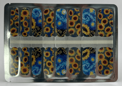 Artistic nail wraps featuring Van Gogh sunflower and starry night impressionist patterns
