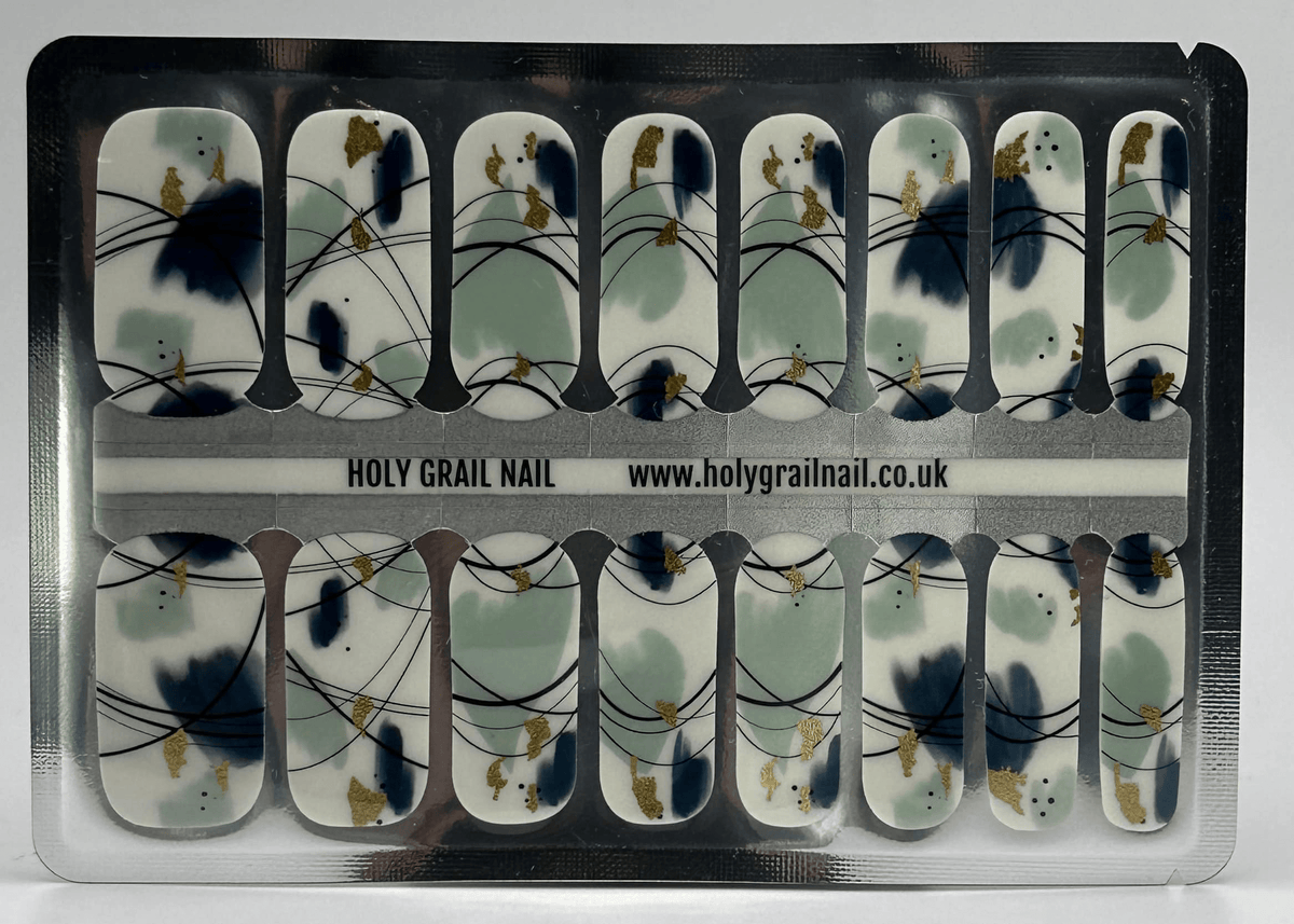 Non-UV nail wraps sheet featuring abstract watercolour pattern in sage green and dusty blue