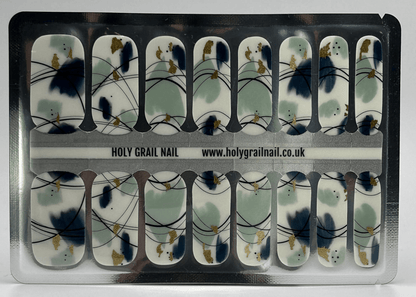 Non-UV nail wraps sheet featuring abstract watercolour pattern in sage green and dusty blue