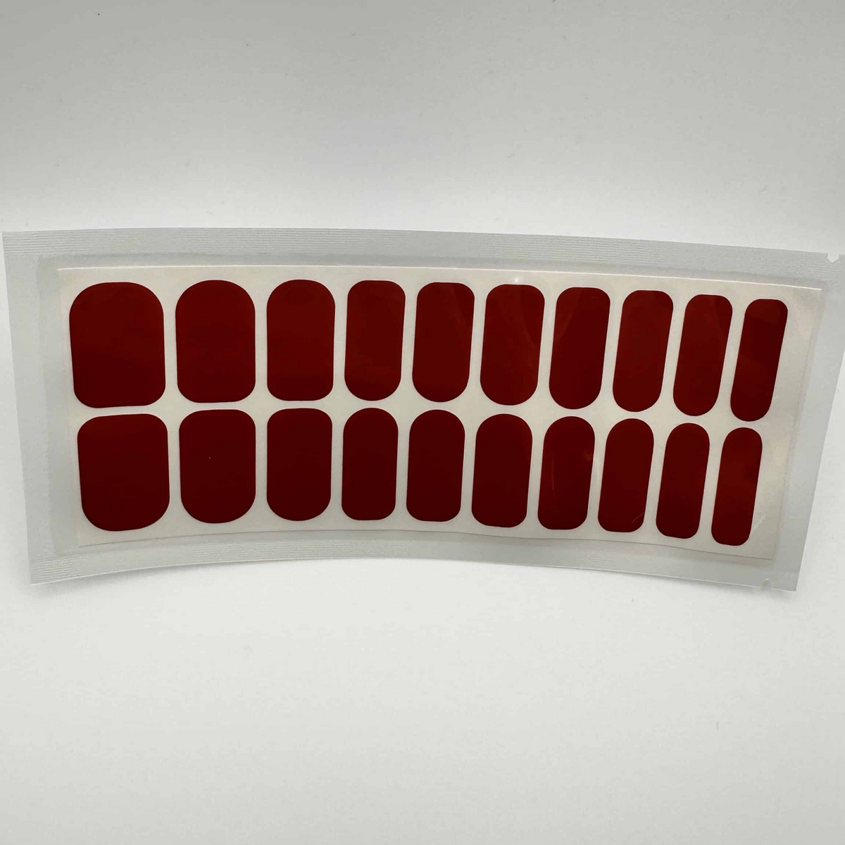 Glossy deep vermilion red nail wraps on sheet, wide fit, 20 pieces, solid colour finish