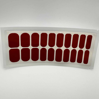 Glossy deep vermilion red nail wraps on sheet, wide fit, 20 pieces, solid colour finish