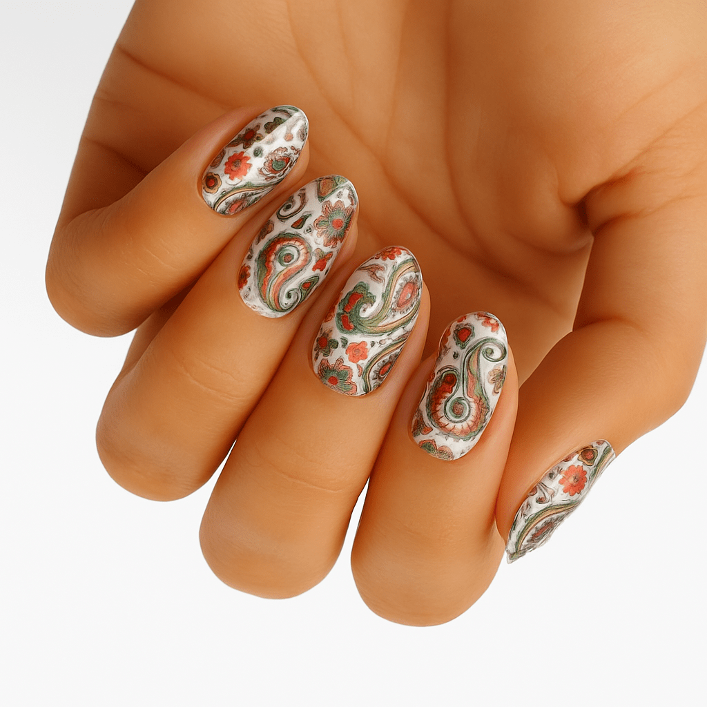 Vintage paisley nail wraps on hand showing ornate orange copper swirl patterns