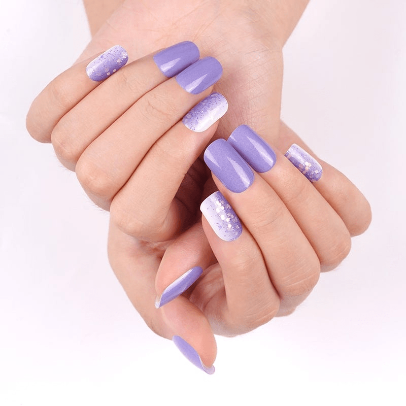Violet Storm Holy Classics nail wraps, lilac and white gradient with glitter accents