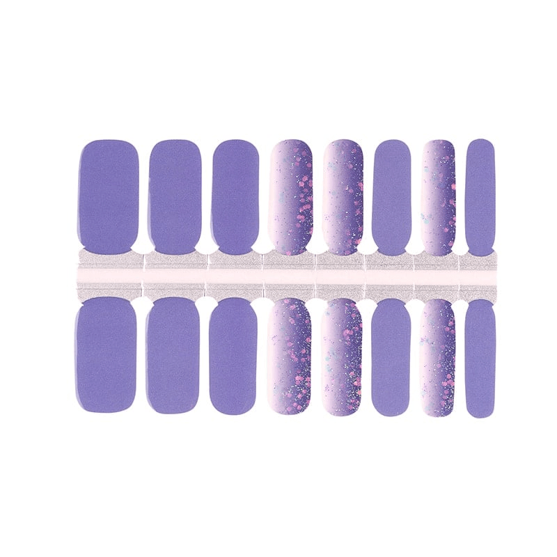 Non-UV nail wraps sheet featuring purple and glitter pattern designs