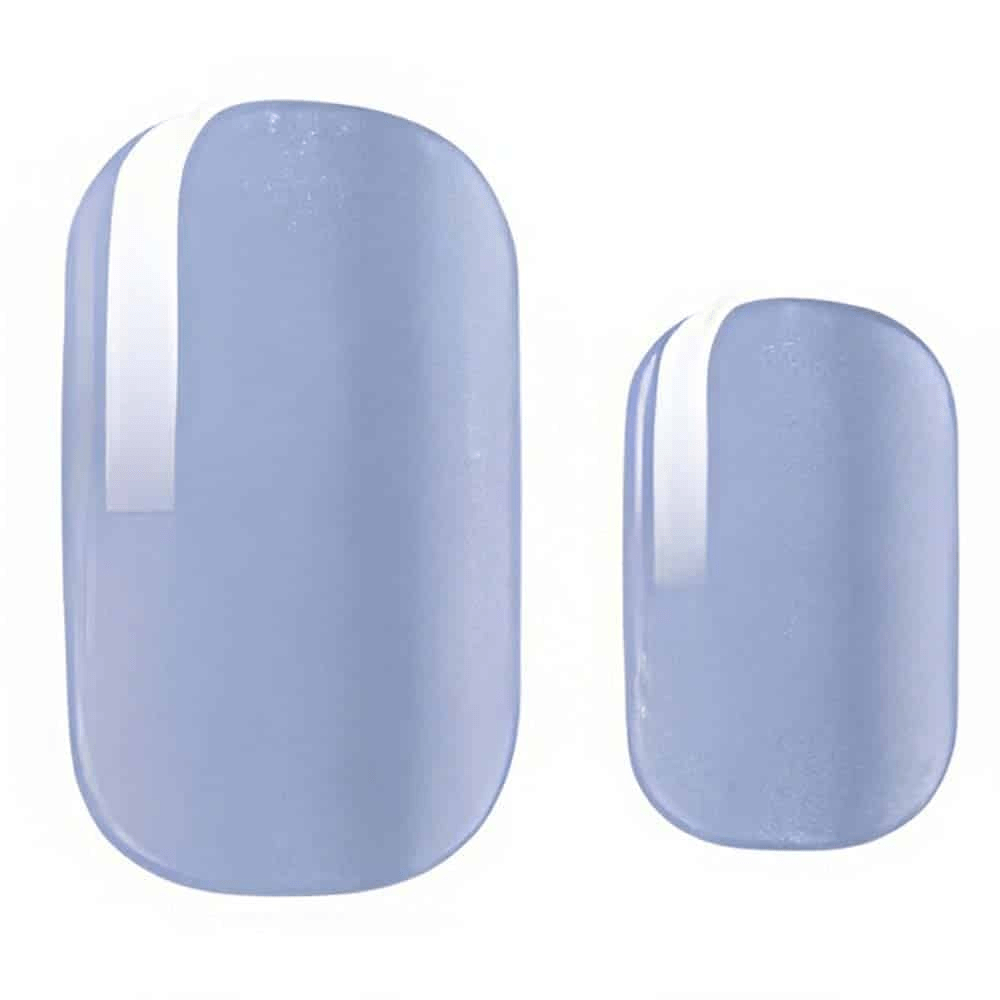 Periwinkle blue glossy nail wraps with a single white vertical stripe accent
