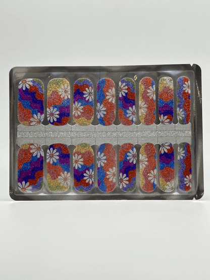 Multicolour glitter nail wraps with daisy flower patterns in packaging set