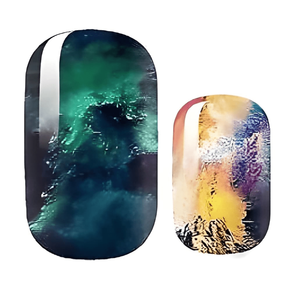 Marble effect nail wraps in emerald green and gold ombre stone pattern
