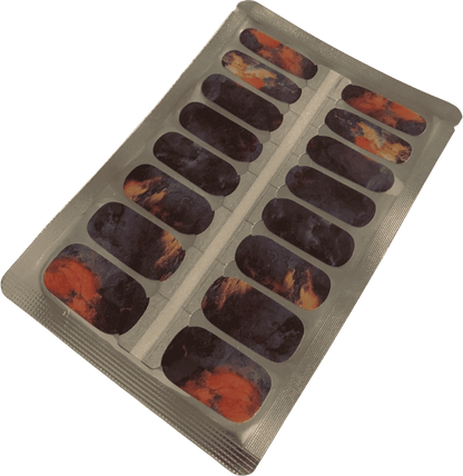 Non-UV nail wraps sheet featuring dark marble design with fiery orange and emerald accents