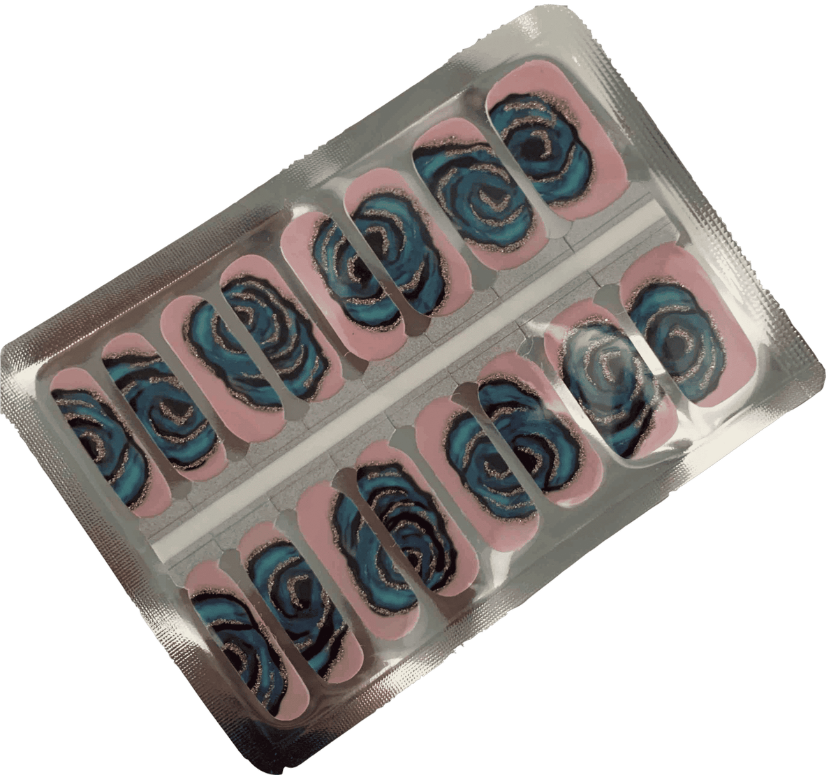 Non-UV nail wraps sheet showing blue metallic vortex swirl pattern designs