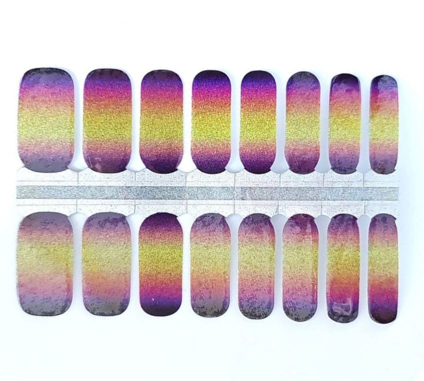 Purple yellow ombre nail wrap sheet with 16 different sized nail art strips