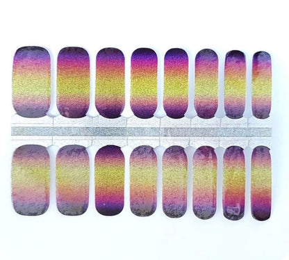 Purple yellow ombre nail wrap sheet with 16 different sized nail art strips