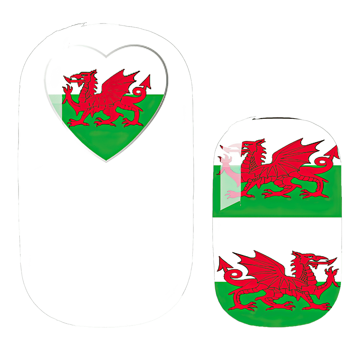 Individual Welsh flag nail wrap designs showing red dragon green white patterns various shapes