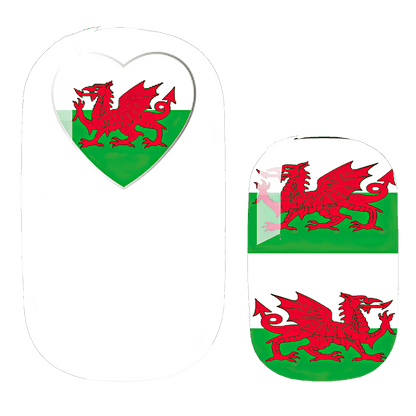 Individual Welsh flag nail wrap designs showing red dragon green white patterns various shapes