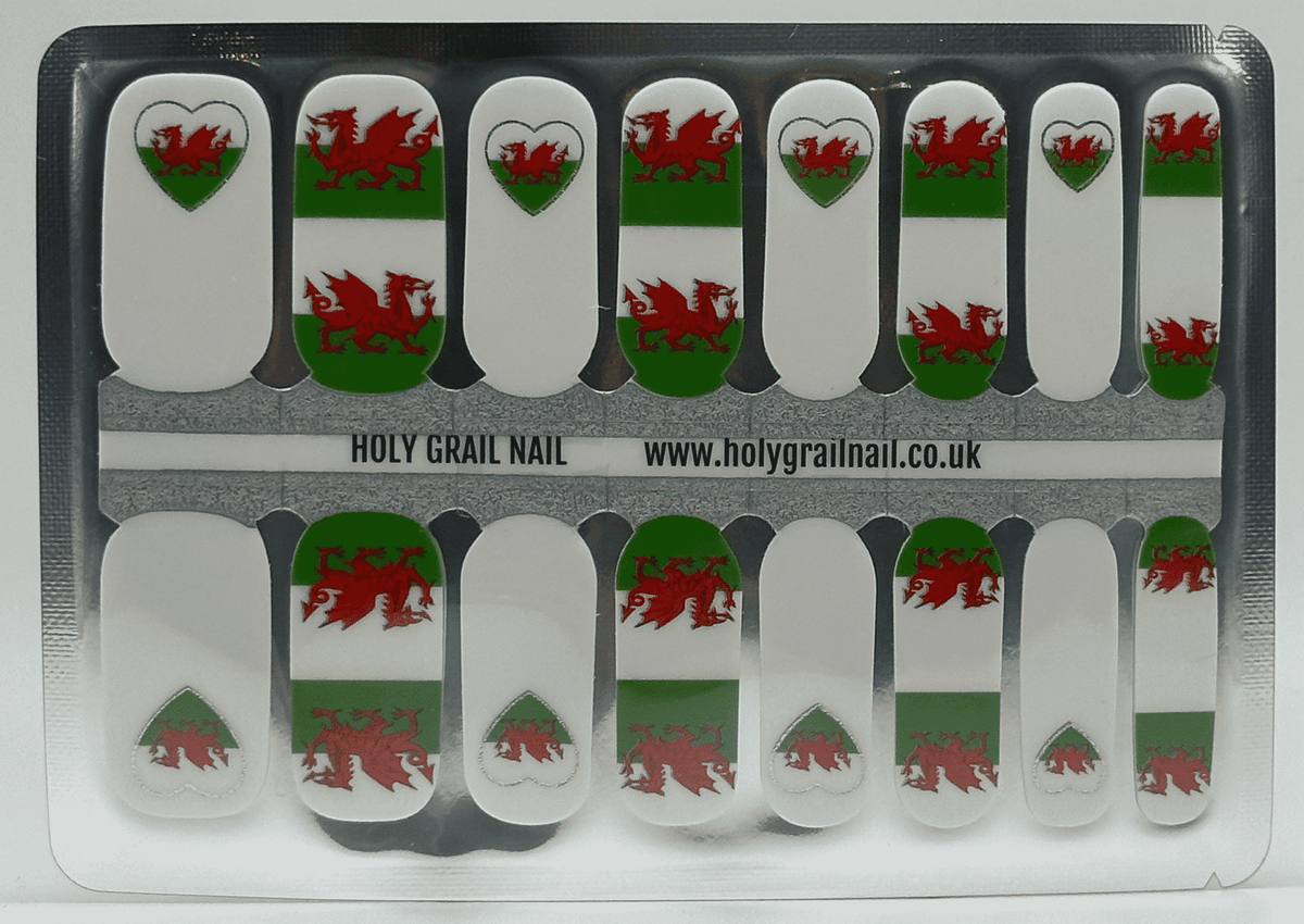 Welsh flag nail wraps sheet showing red dragon green white design for DIY manicure