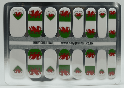Welsh flag nail wraps sheet showing red dragon green white design for DIY manicure