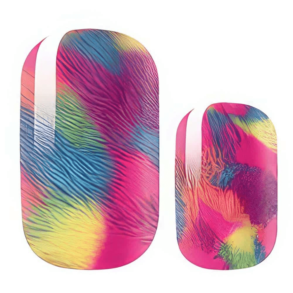 Vibrant rainbow feather pattern non-UV nail wraps in pink blue yellow colours