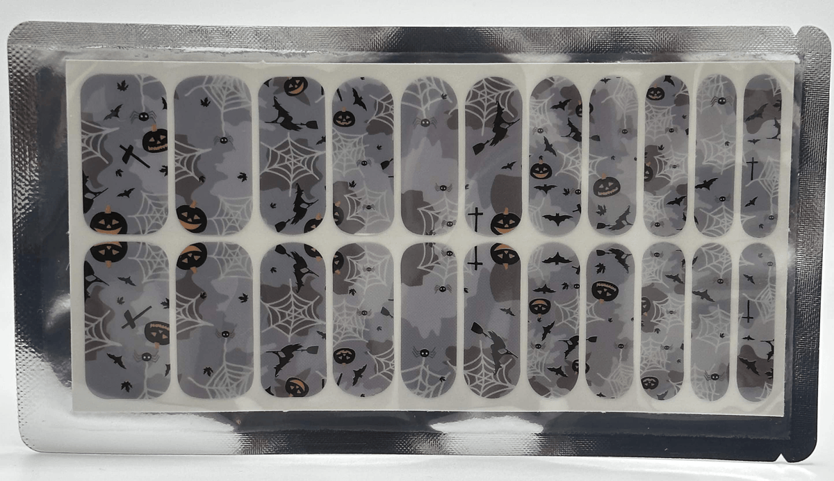 Grey nail wraps with Halloween spider web pumpkin bat silhouettes wide fit