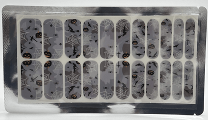 Grey nail wraps with Halloween spider web pumpkin bat silhouettes wide fit