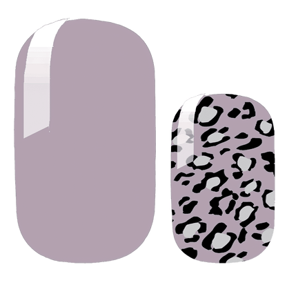 Mauve solid and black leopard print nail wraps showing animal print nail art designs