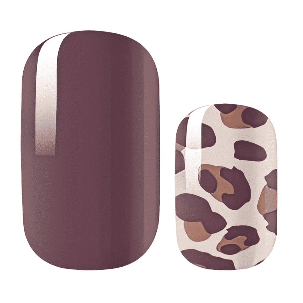 Plum solid and leopard print non-UV nail wraps in warm brown tones