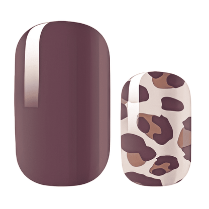 Plum solid and leopard print non-UV nail wraps in warm brown tones