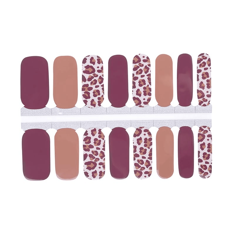 Non-UV nail wraps sheet with leopard print design in burgundy taupe autumn tones