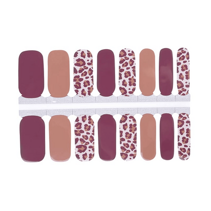 Non-UV nail wraps sheet with leopard print design in burgundy taupe autumn tones