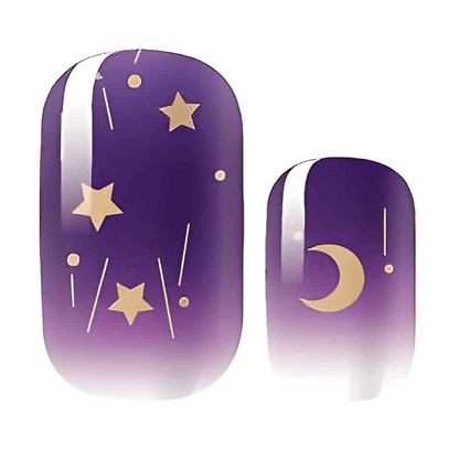 Purple glossy nail wraps with gold stars, moon and shooting-star night sky design