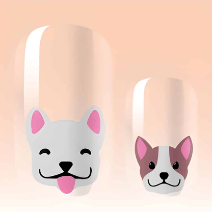 Sheer nude nail wraps with cartoon French bulldog and puppy face designs